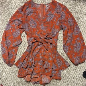 Classic Orange Blue Long Sleeve Wrap Peplum Jumpsuit